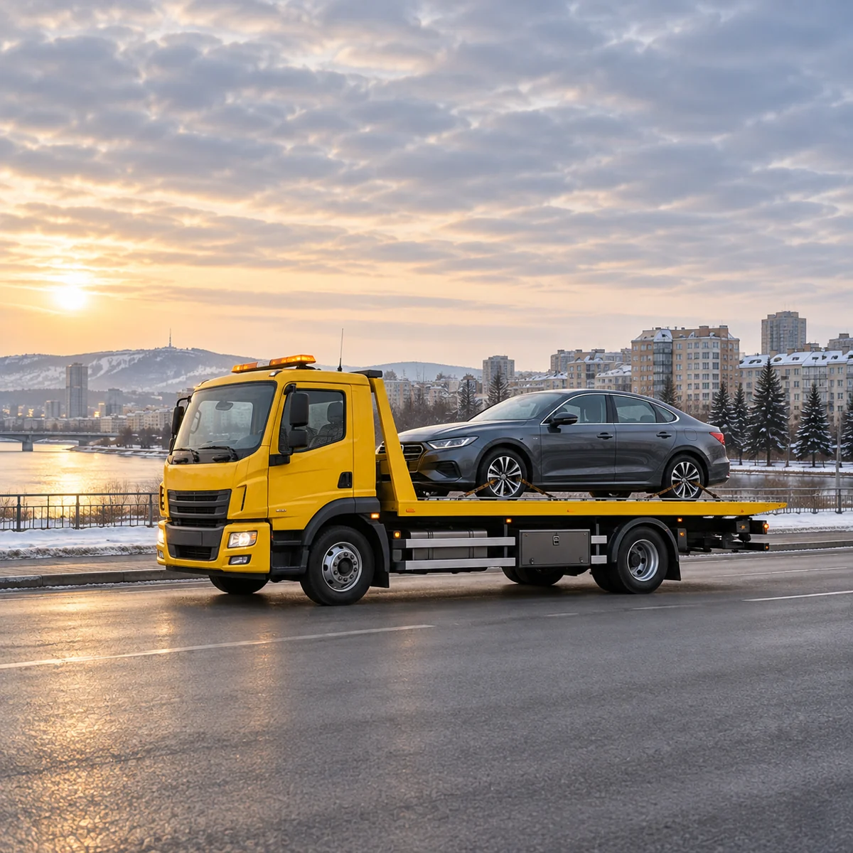 Жёлтый эвакуатор со сдвижной платформой перевозит легковой автомобиль